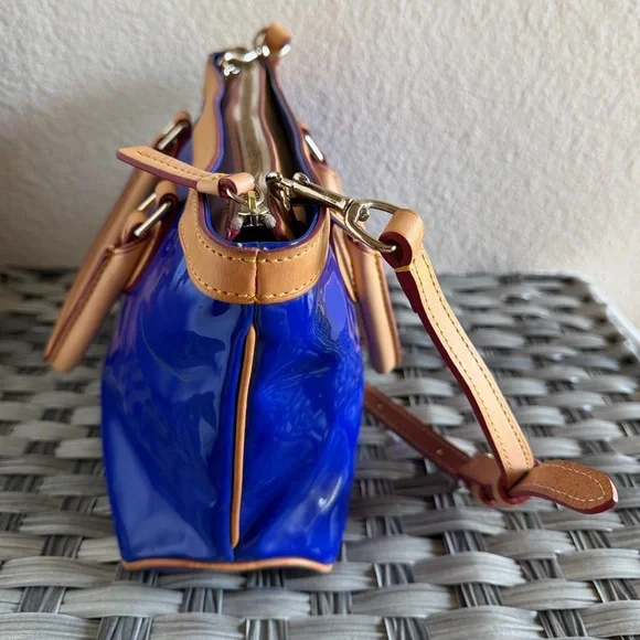 Dooney & Bourke Patent Leather Small Zip Satchel Electric Blue & Tan Trim - Picture 7 of 16